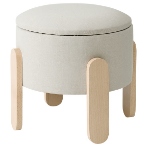 Round Storage Pouffe – Beige & Natural Wood